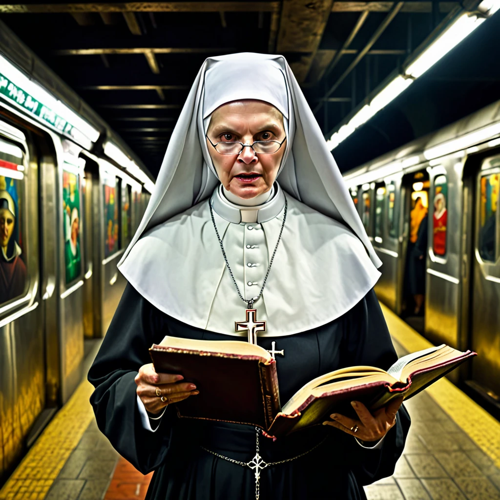 A spreading light, evil supernatural creatures fleeing, at the light's center is a lovely Catholic nun holding a cross and a bible, emitting holy energy as she chants, in a subway. (best quality, 4k, highres, masterpiece:1.2), ultra-detailed, (realistic, photorealistic:1.37), HDR, studio lighting, extreme detail description, professional, vivid colors, bokeh, portraits, horror, subway, evil supernatural creatures, spreading light, lovely Catholic nun, cross, bible, holy energy, chanting