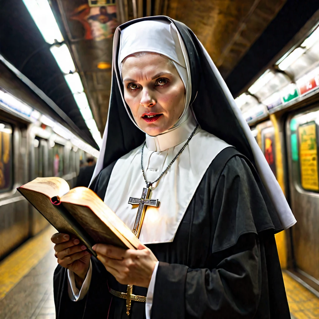 A spreading light, evil supernatural creatures fleeing, at the light's center is a lovely Catholic nun holding a cross and a bible, emitting holy energy as she chants, in a subway. (best quality, 4k, highres, masterpiece:1.2), ultra-detailed, (realistic, photorealistic:1.37), HDR, studio lighting, extreme detail description, professional, vivid colors, bokeh, portraits, horror, subway, evil supernatural creatures, spreading light, lovely Catholic nun, cross, bible, holy energy, chanting