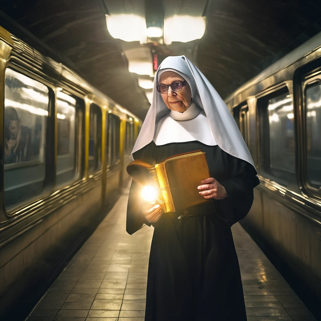 A spreading light, evil supernatural creatures fleeing, at the light's center is a lovely Catholic nun holding a cross and a bible, emitting holy energy as she chants, in a subway. (best quality, 4k, highres, masterpiece:1.2), ultra-detailed, (realistic, photorealistic:1.37), HDR, studio lighting, extreme detail description, professional, vivid colors, bokeh, portraits, horror, subway, evil supernatural creatures, spreading light, lovely Catholic nun, cross, bible, holy energy, chanting