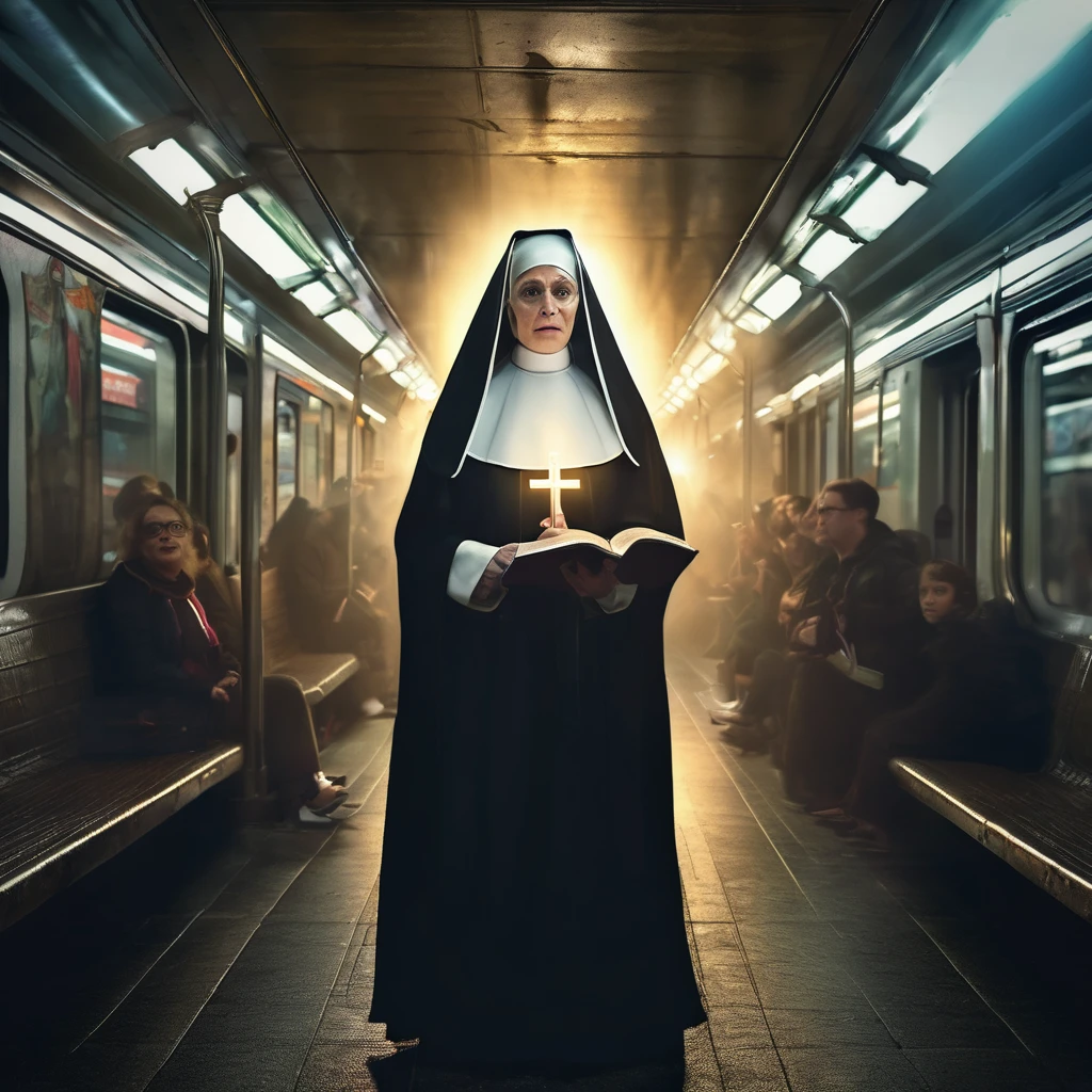 A spreading light, evil supernatural creatures fleeing, at the light's center is a lovely Catholic nun holding a cross and a bible, emitting holy energy as she chants, in a subway. (best quality, 4k, highres, masterpiece:1.2), ultra-detailed, (realistic, photorealistic:1.37), HDR, studio lighting, extreme detail description, professional, vivid colors, bokeh, portraits, horror, subway, evil supernatural creatures, spreading light, lovely Catholic nun, cross, bible, holy energy, chanting