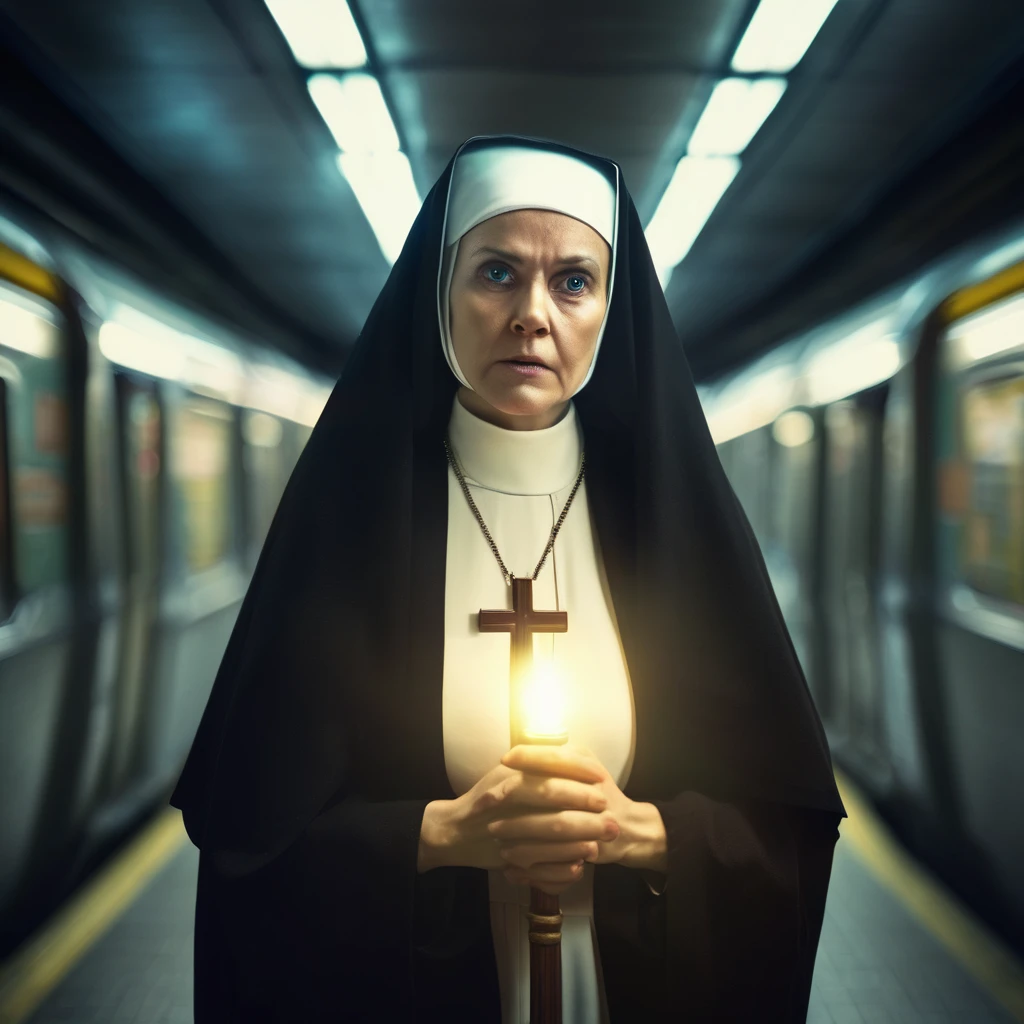 A spreading light, evil supernatural creatures fleeing, at the light's center is a lovely Catholic nun holding a cross and a bible, emitting holy energy as she chants, in a subway. (best quality, 4k, highres, masterpiece:1.2), ultra-detailed, (realistic, photorealistic:1.37), HDR, studio lighting, extreme detail description, professional, vivid colors, bokeh, portraits, horror, subway, evil supernatural creatures, spreading light, lovely Catholic nun, cross, bible, holy energy, chanting