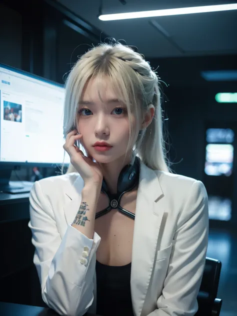 portrait, tech noir, calm cyberpunk style, a girl plotting a plan in a cyber room, tattoo on hand, white shirt, black suit, mast...