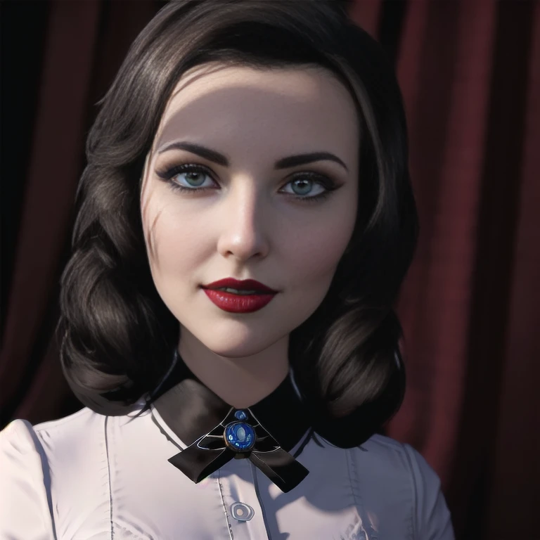 Elizabeth comstock, white blouse, portrait, beautiful sexy smirk, bioshock city, red lipstick, (8k, RAW photo, best quality, masterpiece:1.2),ultra-detailed, (high detailed skin:1.2), 8k uhd, dslr, soft lighting, high quality, 