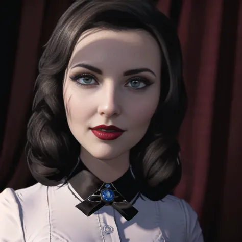 elizabeth comstock, white blouse, portrait, beautiful sexy smirk, bioshock city, red lipstick, (8k, raw photo, best quality, mas...