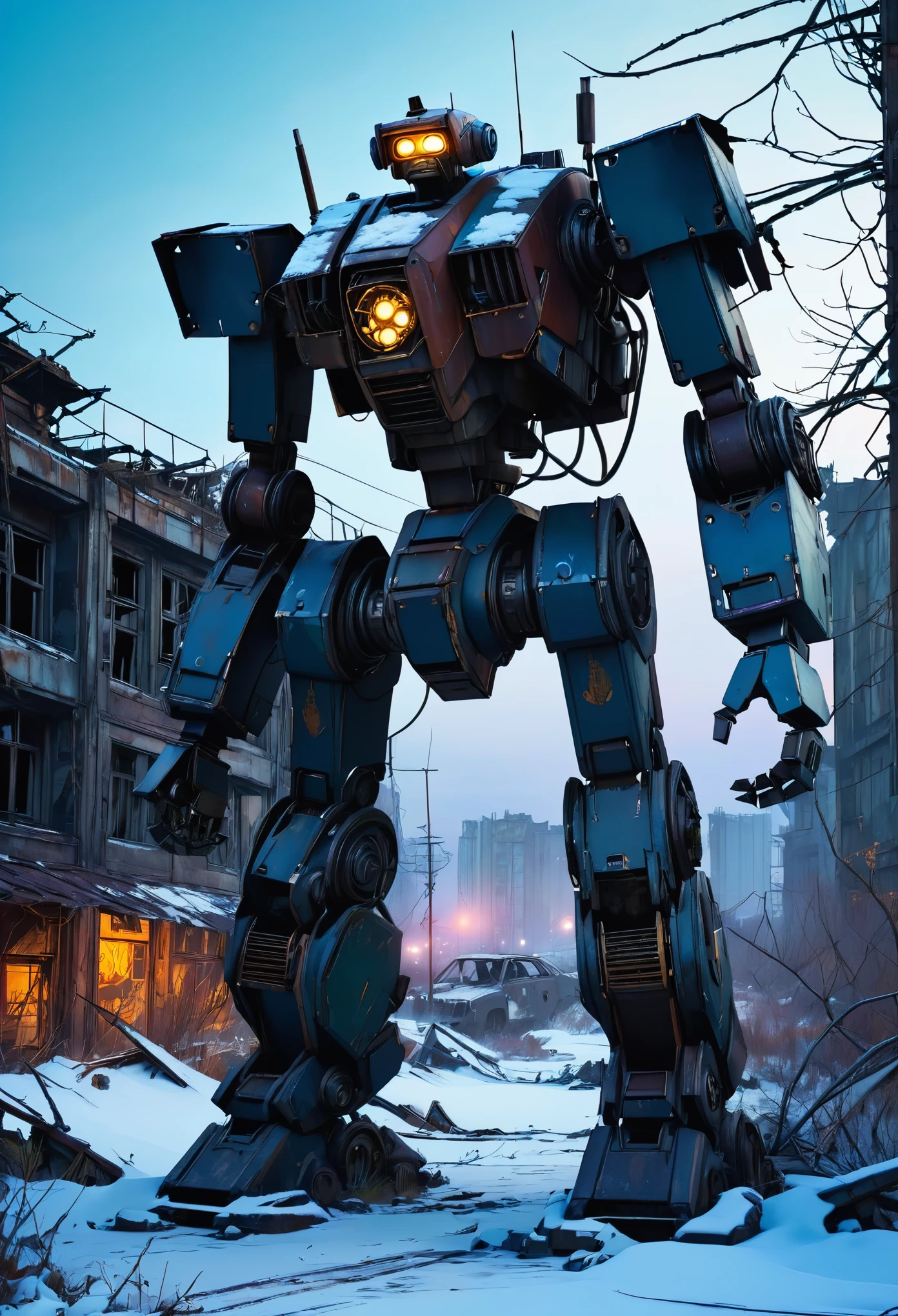 mecha ,winter, dark, dusk,cracked  broken robot, an abandoned old rusty mech, an overgrown , frame weathered and worn, detailed,futuristic city environment, post-apocalyptic