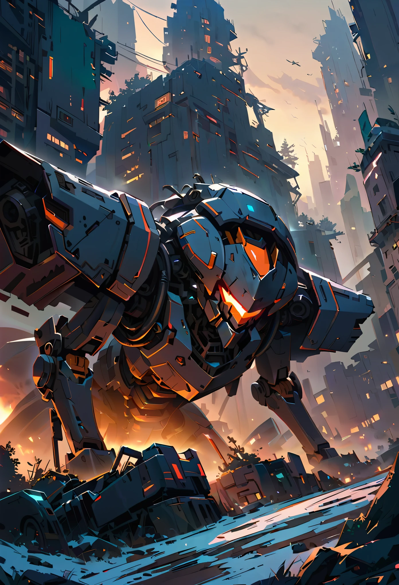 mecha ,winter, dark, dusk,cracked  broken robot, an abandoned old rusty mech, an overgrown , frame weathered and worn, detailed,futuristic city environment, post-apocalyptic