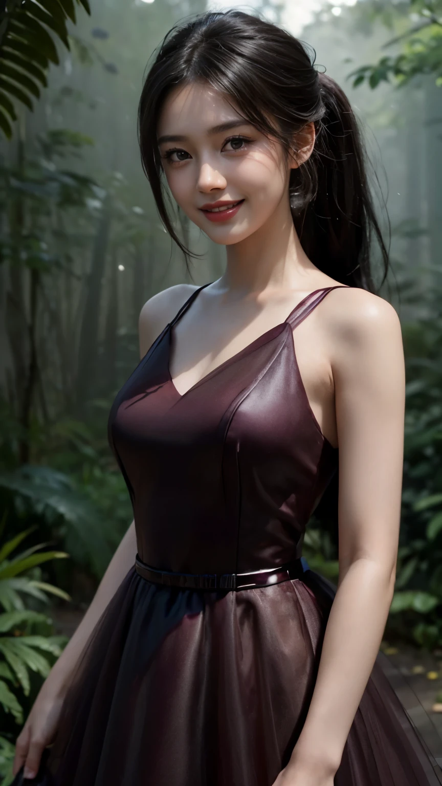 (Masterpiece:1.4), CG Unity 8k walpaper, ((Realistic: 1.2)), Ray Tracing, k, Beautiful 22 years girl, Asian realistic girl, Ultra Realistic, ultra HD, 1 girl, black hair, long hair, ponytail, standing, abandoned in a forest, Green Plants, Rain forest, soft lighting,  Morning light, foggy morning, realistic, SMOOTH FACE, full body shot, ((Burgundy tulle evening prom dress)), perfect eyes, Beautiful smile, ((smile: 1.2)), Stylish looks, realistic Skin, Perfect young body,  detailed background, Detailed skin, ((detailed dress)), Long Black hair, cinematic lighting, ((cinematic Photography)), ((High resolution Dress Quality)), High resolution picture quality,