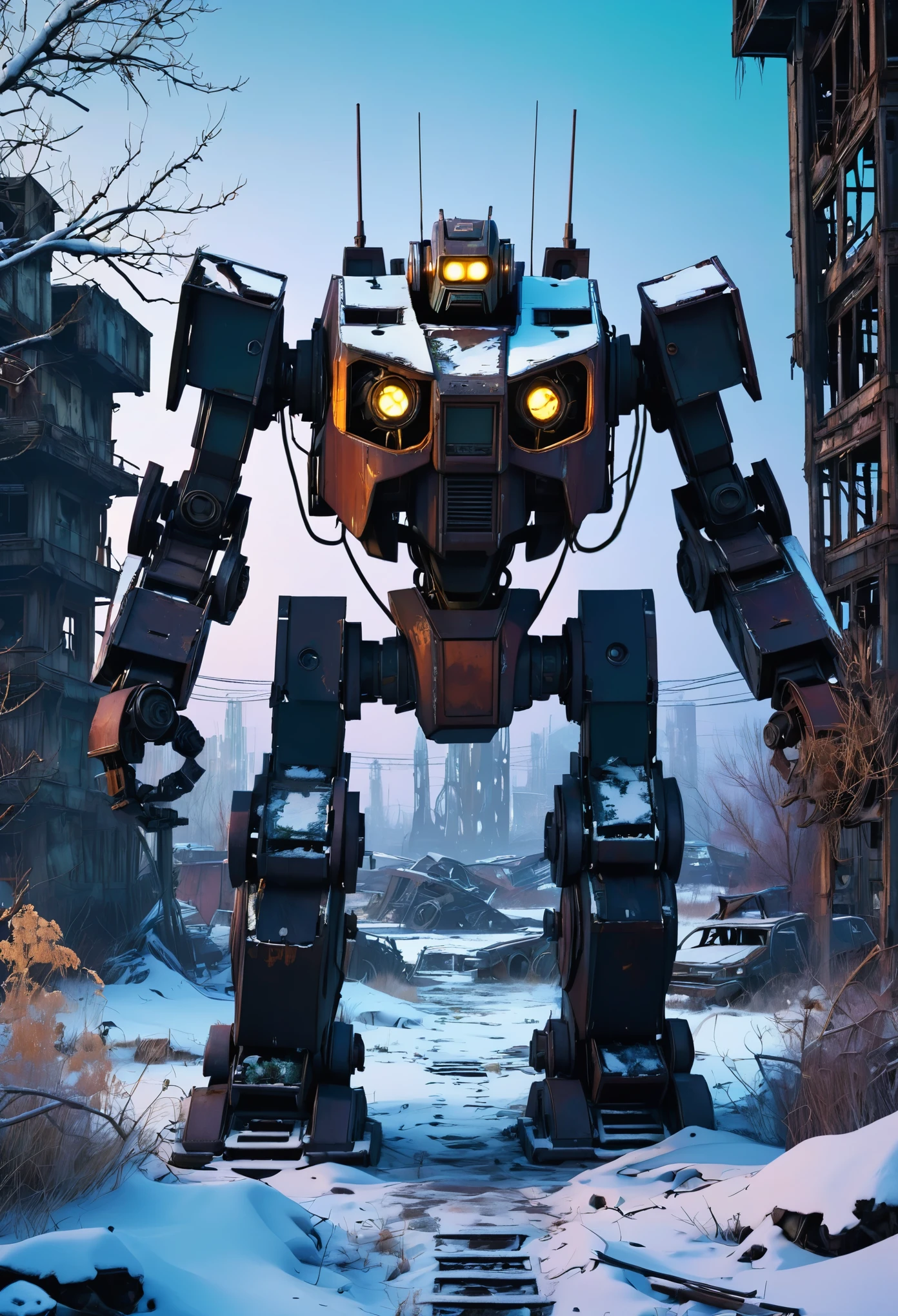 mecha ,winter, dark, dusk,cracked  broken robot, an abandoned old rusty mech, an overgrown , frame weathered and worn, detailed,futuristic city environment, post-apocalyptic