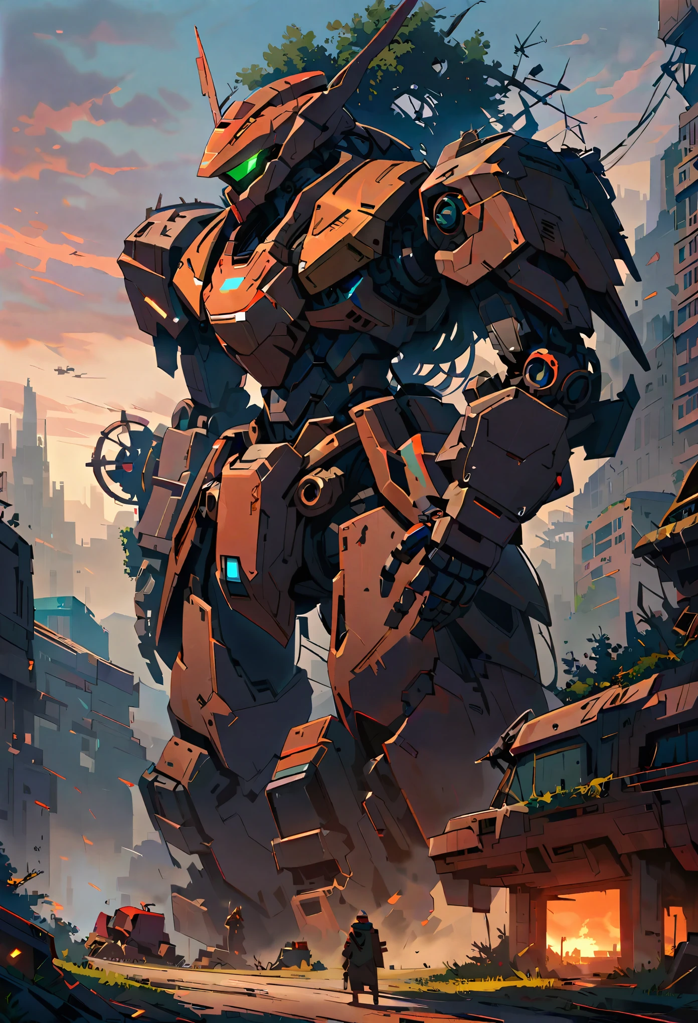 mecha ,winter, dark, dusk,cracked  broken robot, an abandoned old rusty mech, an overgrown , frame weathered and worn, detailed,futuristic city environment, post-apocalyptic