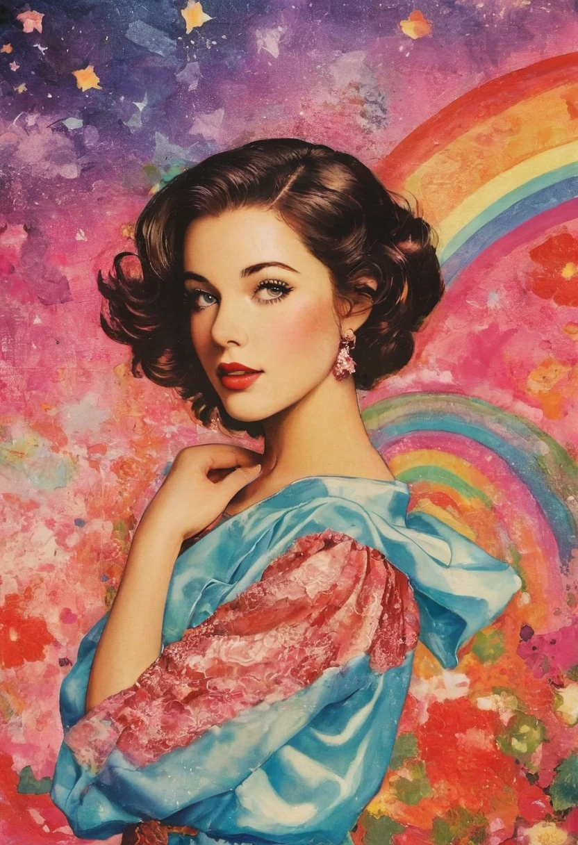 chiaroscuro technique on sensual illustration of singer, vintage ,silky mini dress, matte painting, by John Singer Sargent, by Harumi Hironaka, abstract background, (upper body:1.2), Rainbow pastel, highly detailed, digital artwork, high contrast, dramatic, refined, tonal, an intimate, seductive studio setting with a focus on sensuality and romance. Utilize soft, warm lighting that bathes the space in a gentle, inviting glow. Incorporate luxurious fabrics, plush furnishings, and a touch of decadence to evoke an opulent ambiance. The scene should exude an air of serenity and anticipation, inviting the viewer into a sensual and romantic space