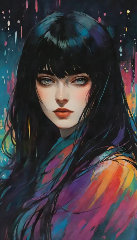 chiaroscuro technique on sensual illustration of an elegant queen (((long hair with bangs:1.4、Beautiful bangs) , vintage ,silky ...