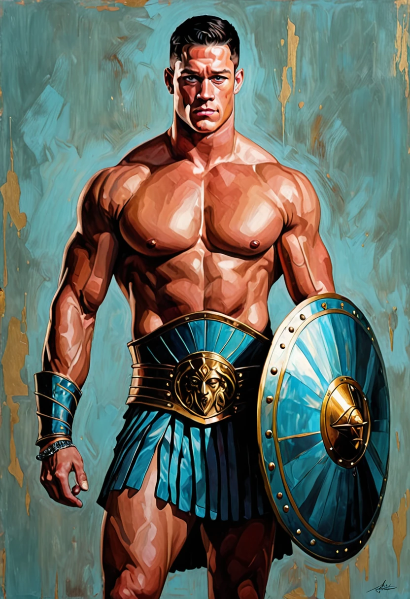 chiaroscuro technique on sensual illustration of an masculine, 26-year-old Italian male model, handsome Roman, (John Cena) he is the god of war, he is Ares, Mars, evil-looking, strong look, light blue eyes, strong jawline, dressed as a gladiator, ancient gladiator, male gladiator skirt, matte painting, by Harumi Hironaka, extremely soft colors, vibrant, pastel, highly detailed, digital artwork, high contrast, golden dramatic, refined, tonal, an intimate, seductive studio setting with a focus on sensuality and romance. Utilize soft, warm lighting that bathes the space in a gentle, inviting glow. Incorporate luxurious fabrics, plush furnishings, and a touch of decadence to evoke an opulent ambiance. The scene should exude an air of serenity and anticipation, inviting the viewer into a sensual and romantic space