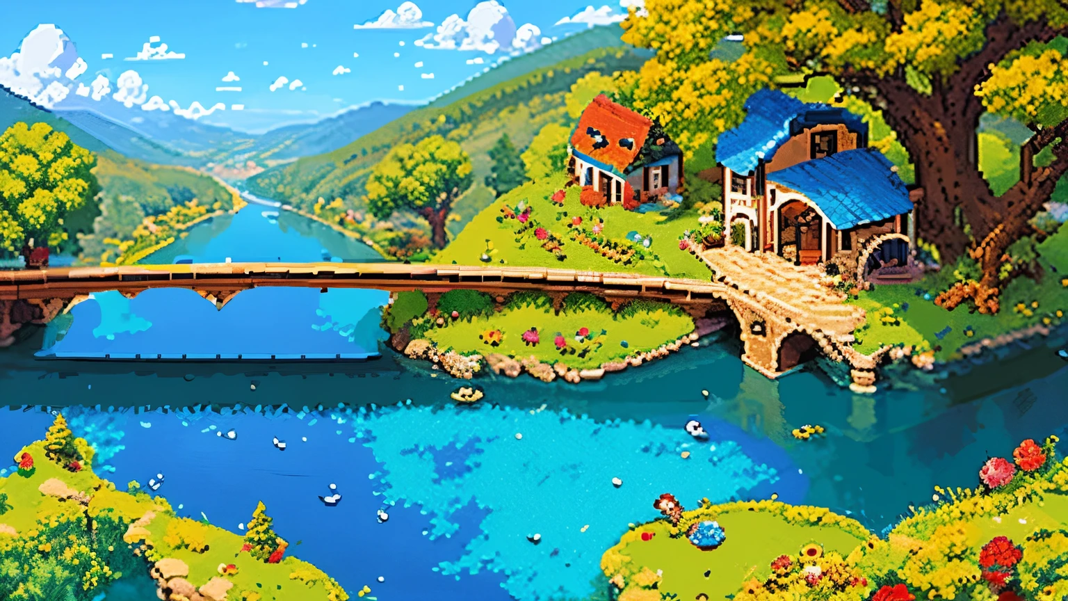 (Meisterwerk, beste Qualität:1.2), die Architektur, pixel art,Fluss,Himmel,Wolke，Brücke