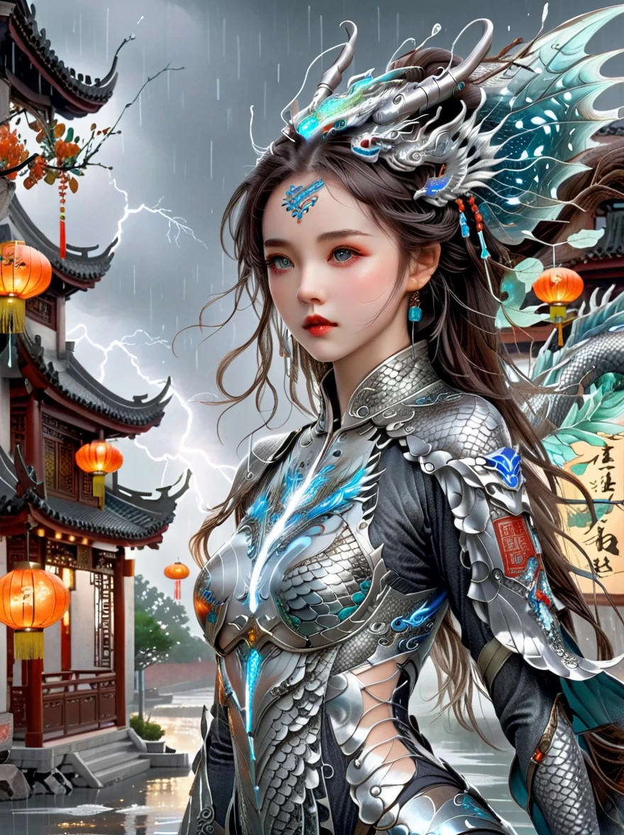 Works of Chinese style masters, shining, Traditional Chinese ink painting, willow branches, Wu Changshuo, 1 girl, small breasts, beautiful detailed eyes, beautiful detailed cyberpunk city, flat chest, beautiful detailed hair, wavy hair, beautiful detailed street, mecha clothes, robot girl, cool movement, silver bodysuit, (filigree), dragon wings, colorful background, a dragon stands behind the girl, rainy days, (lightning effect), beautiful detailed silver dragon armor, (cold face), composition, Dazzling colors, Stunning visual effects, otherworldly appearance, Fascinating artistry, eyes on the audience, high resolution, Super detailed, lifelike, illustration, first-person view, ((masterpiece)), best quality, anatomically correct, ccurate, 8k, best quality, 8K, masterpiece