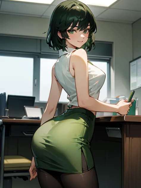 fubuki, green hair, pantyhose, white sleeveless shirt, pencil skirt, smile, office, from back, highly detailed, hd, 4k, masterpi...