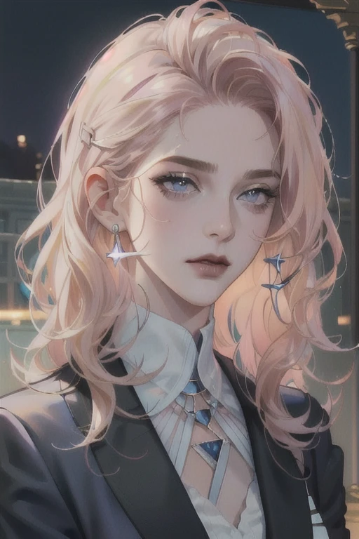 masterpiece, Best quality, night, full moon, 1 girl, mature woman, blonde hair, long and wavy hair, Light pink lips, tranquility, Intellectual, medium hair, blue pupils, hairpin, Beautiful face, face close up, Hand close-up, business suit, White shirt, black dress pants, serious face, closed mouth 