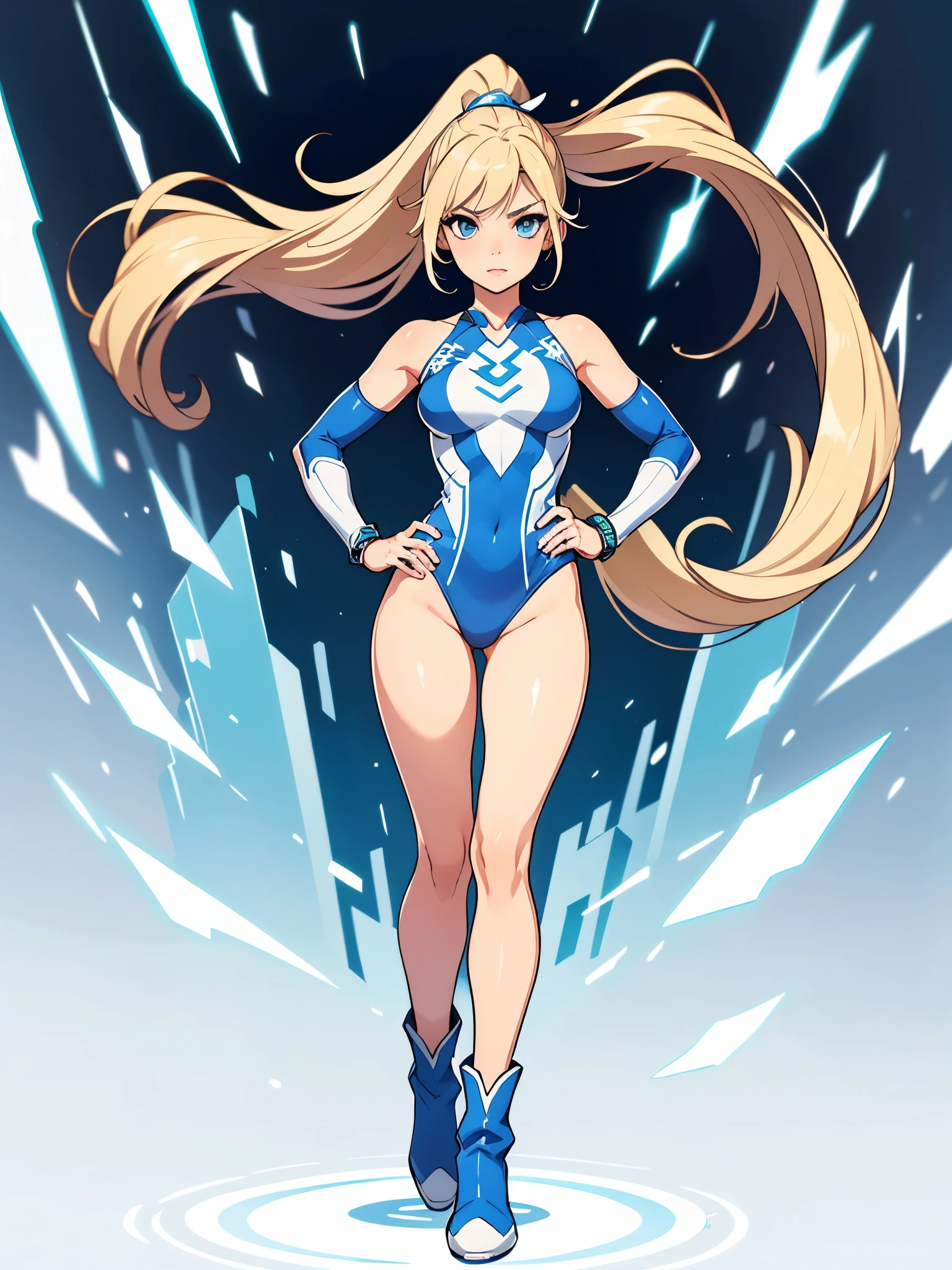 1girl, light blonde hair, aquamarine eyes, boots, breasts, bracelets, full body, hair ornament, (shoulder-length hair, ponytail), full body with costume, leotard, gymnast_outfit leotard, white leotard with blue accents, bare legs, white stockings, white boots, medium breasts, perfect hands, solo, standing, superhero, (lighting logo on chest), beautiful detailed eyes, beautiful detailed face, age 18, full body zenkai! full body portrait, body infused with electricity, diffraction spikes, heroic, standing straight, hands on hip, cowboy shot, city backdrop