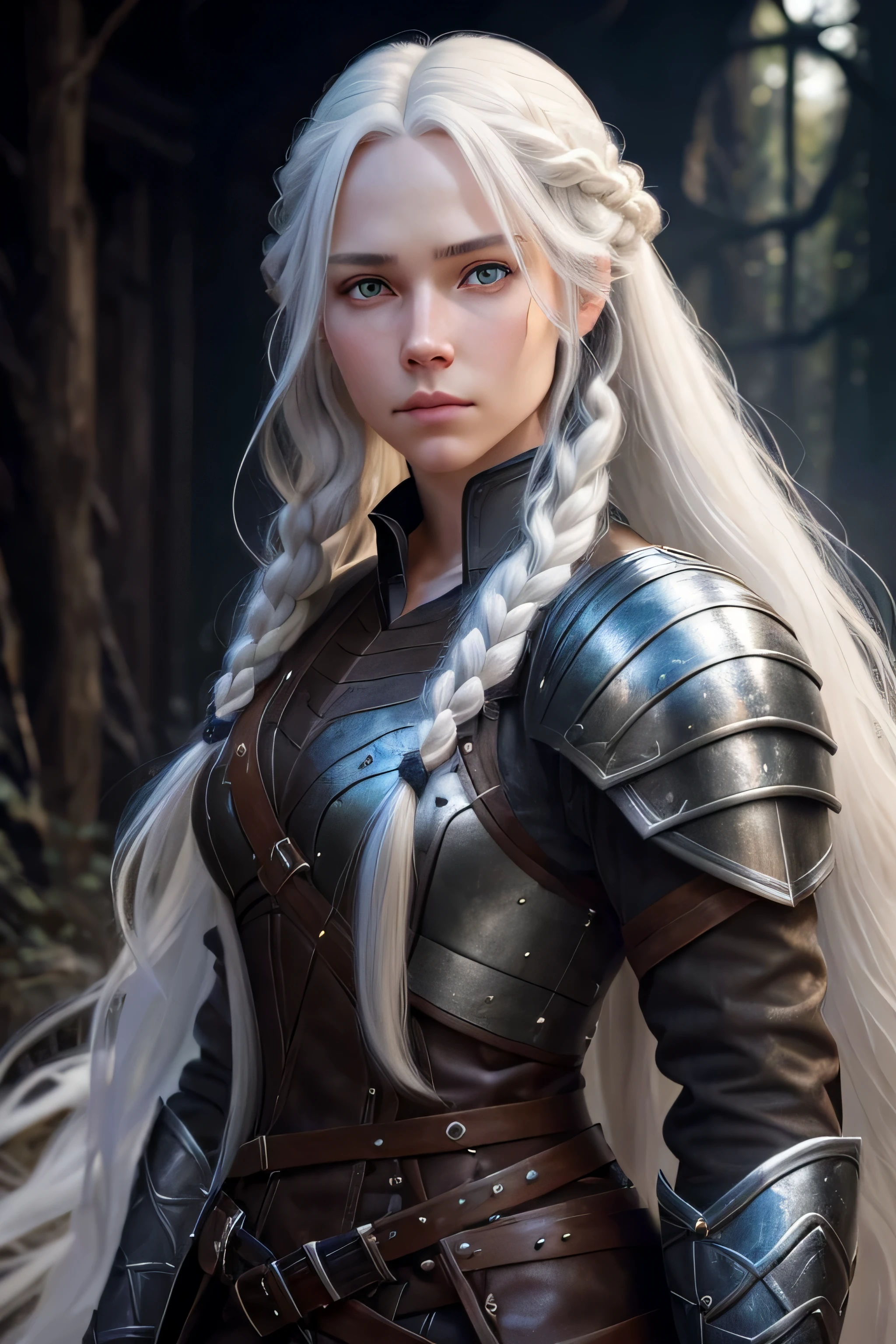 1 female ranger, long white hair, braided hair, grey eyes, eyes have the same color, average face, wearing leather armor, absurdres, high res, ultrasharp, 8K, masterpieceThe image should be of absurd resolution and high detail. It should be ultra-sharp and available in 8K resolution, representing a masterpiece in image quality.