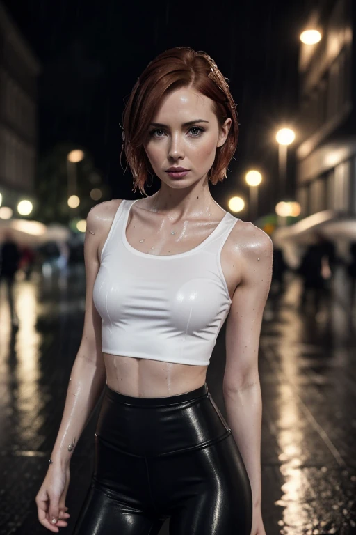 âA close-up shot of Karen Gillan, short hair, skinny body, narrow waist, (abs:0.7), in public at a German City ((at night in the pouring rain)) with spandex leggings and transparent white crop top (smokey dark eyes and lipstick ) with a pensive expression, wearing a dark, off-the-shoulder dress and a single, statement piece of jewelry, The background should be out of focus and feature soft, warm tonesâ (soaking wet) (wet hair, wet body, wet clothes)