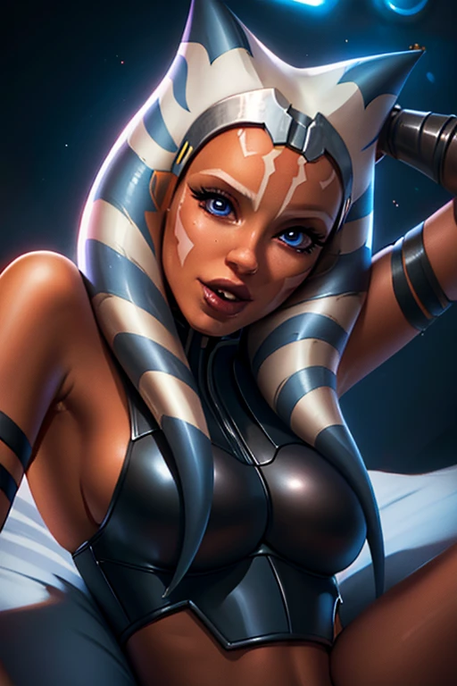 1girl, ahsoka tano, mandalorian armor, sideboob, skinny, leaning forward, close-up, pov, licking finger, naughty face, lying on the bed , beautiful face, detailed eyes, depth of field, masterpiece, high quality, highres,  