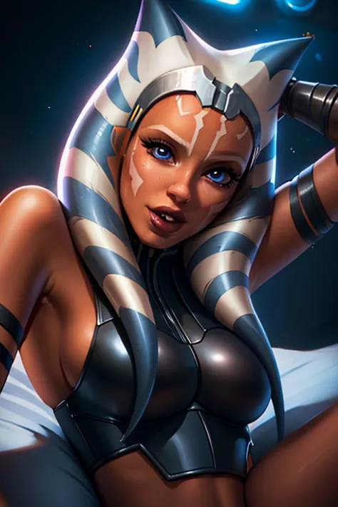 1girl, ahsoka tano, mandalorian armor, sideboob, skinny, leaning forward, close-up, pov, licking finger, naughty face, lying on ...