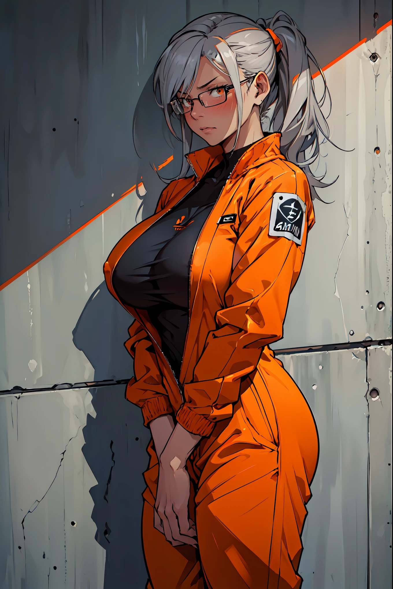 1 female, solo, (((D-Class Prisoner, Orange jumpsuit, character portrait, High resolution, detailed texture, realistic shadow, Stylized prison tattoos all over his body:1.5, Dismal presentation, Face with scars, rough skin, The atmosphere is cold, Dim cell, Metal bars in the background, intense, expressive, dramatic, masterpiece:1.0))), (((Orange jumpsuitの下は裸:1.5))), ((Has a nameplate:1.5)), ((Huge breasts that hang heavy:1.5)), cleavage, Huge nipples covered, cameltoe, musashi_kantaicollection, dark-skinned_female, dark_skin, glasses, long_hair, hair_between_eyes, breasts, large_breasts, white_hair, twintails, brown_eyes, red_eyes, blush, semi-rimless_eyewear, black_nails, grey_hair, anger:1.1, dissatisfied look:1.1, Orange jumpsuitを着たprisoner, with labels "D-Class" prominently displayed on the chest, Pose confidently for a person portrait. 鮮明な画像がHigh resolutionでレンダリングされます, 精巧に描かれた質感とrealistic shadow. prisoner