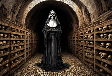 nun, in the shadows, darkness, no light source, only shades of darkness showcase the french catacombs, surrounded by artistic ha...