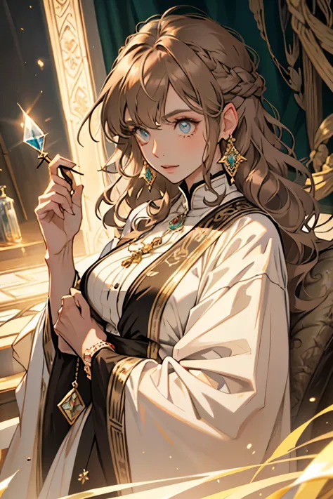 The Old Woman of the Wizard of Light, , Long side-swept bangs wavy light brown hair, Crystal Eyes, Ethnic Earrings, Fashion Out It