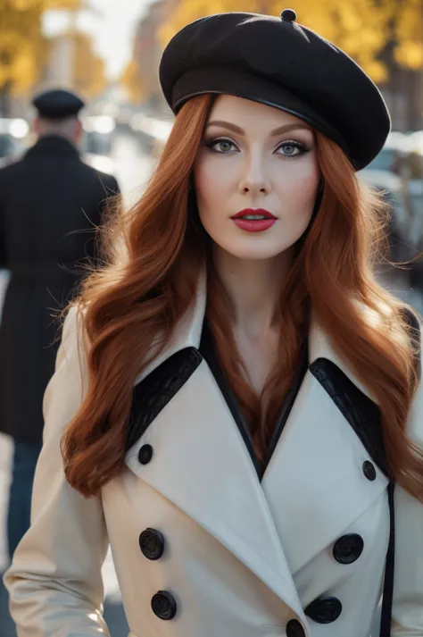 A close-up portrait of a gorgeous, beautiful, stunning russian woman wearing a classy elegant outfit: a white belted double brea...