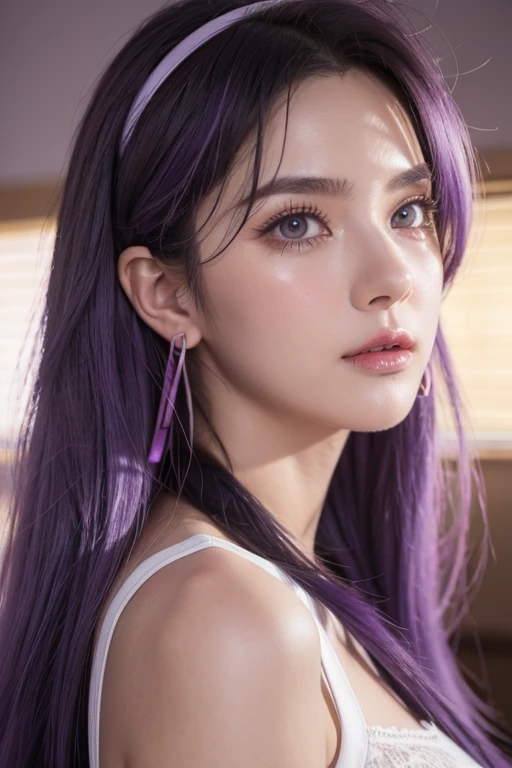 streaked hair, gradient hair, messy hair, ribbon, over-rim eyewear, purple hairband, crying with eyes open, longeyelashes, crescent earrings, heterochromia, tearing up, projected inset, close-up, perspective, Ultra-Wide Angle, ray tracing, cinematic lighting, anime, high detail, best quality, highres, masterpiece, anatomically correct, textured skin