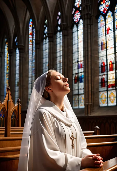Nun praying in choir, standing in cathedral, wearing white robes and veil, eyes closed in prayer, calm and uplifted expression, ...
