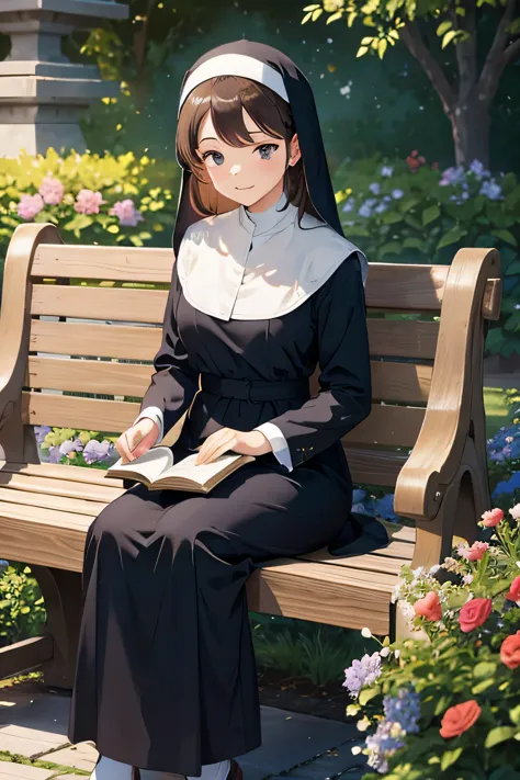 Young nun in a traditional habit sitting on a bench in a sunlit garden, reading a book and smiling, content and peaceful express...