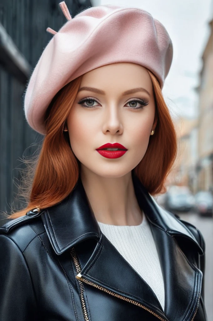 A close-up portrait of a gorgeous, beautiful, stunning russian woman wearing a classy elegant outfit: a black leather jacket, a white blouse, a pale pink beret. A redhead woman from Russia, delicate red lips, pastel pink skin tone, soft flawless pale skin, elegant make-up, red lipstick. Classy, elegant, sophisticated redhead woman, a majestic lady, dream beauty, ethereal beauty, angelical beauty, delicate, sensitive, tender, lovely, romantic, kind-hearted, feminine and strong, brave, determined woman from Russia. Elegant look, pink style, flowing and glowing wavy ginger hair. She's making a photo book, posing for camera, professional photograph, editorial photograph, portrait photograph of a female russian model.