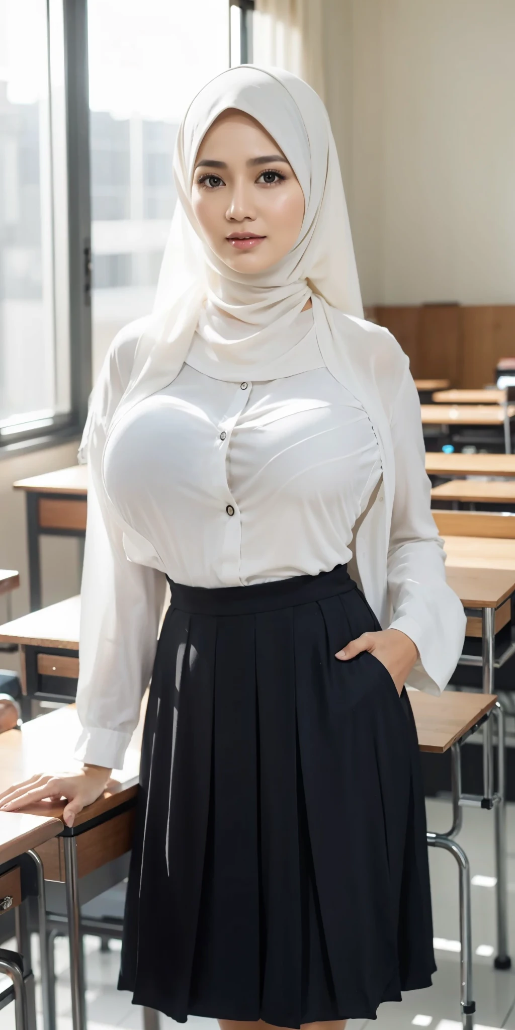 A close up of a woman in a white shirt and black skirt - SeaArt AI