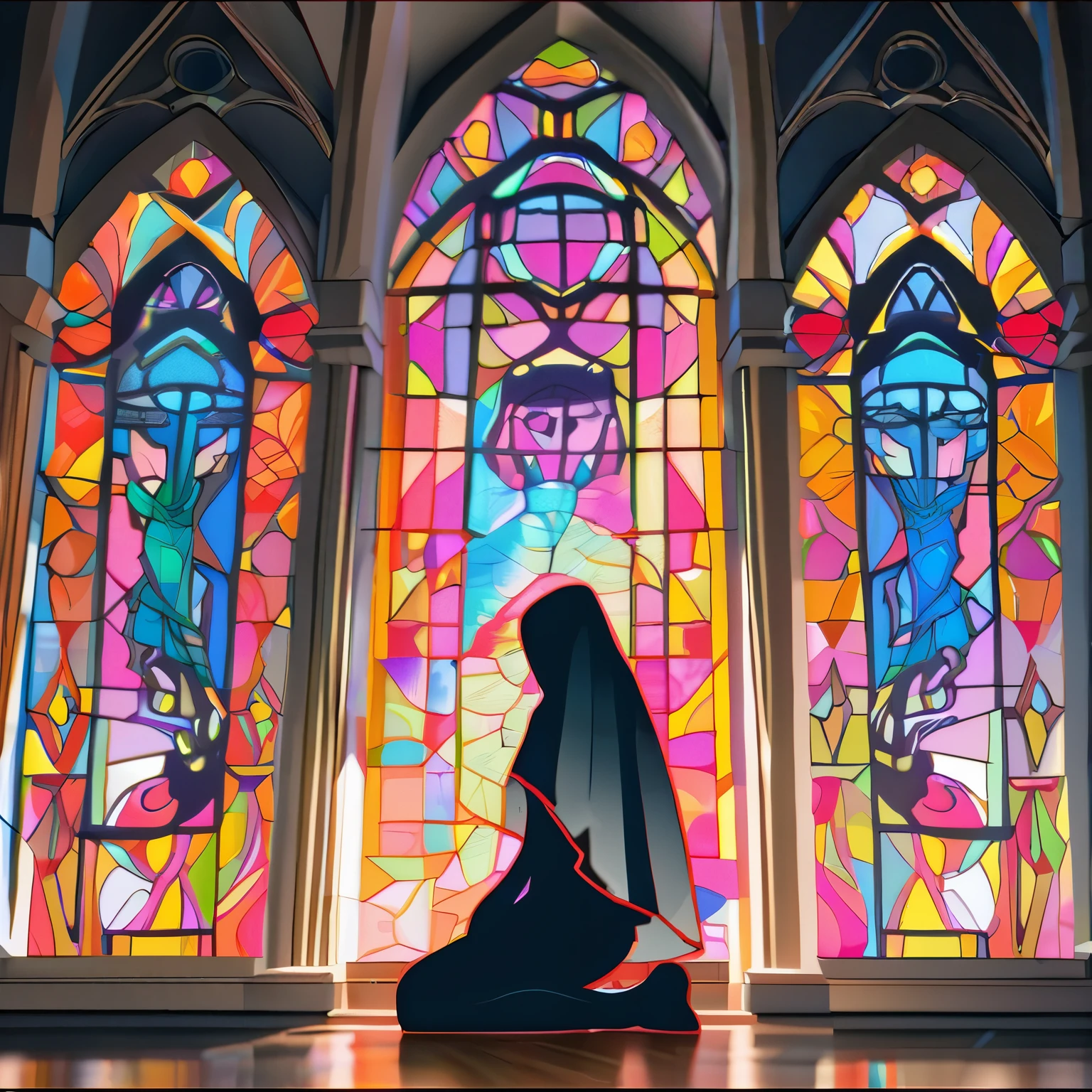 (best quality,8k,highres, masterpiece,ultra-detailed:1.2), (1 nun),A church with intricate and detailed drawings by a professional、Asahi、shining brightly、Intricate stained glass painted by a professional、Pray with Your Hands Folded, (silhouette art,),side view,