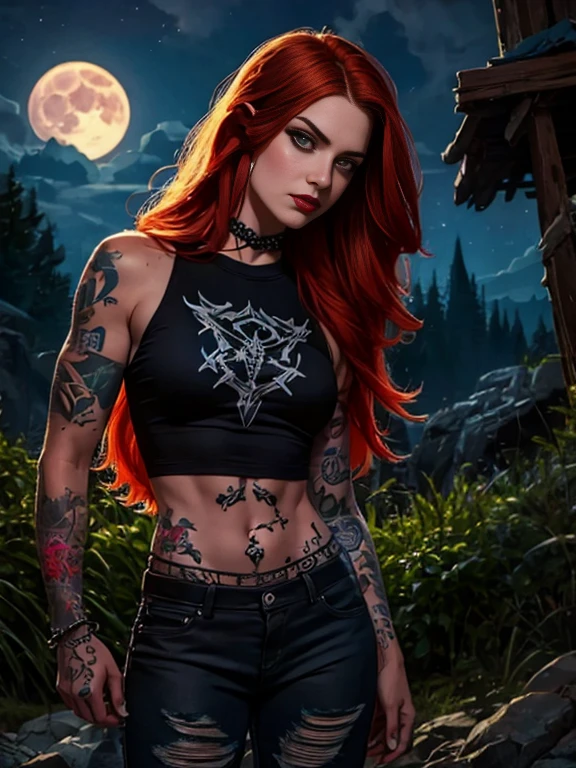 Best Quality,Masterpiece,Ultra High Resolution,(Realisticity:1.4),Original Photo,Cinematic Lighting, 1girl, solo, Metalhead Style ((ginger girl)) at night under the moonlight, wearing ripped black pants, black clothes, Gothic style, fit Hot body, (tattooed arm) , heavy metal style, photography, heavy metal concert background . realistic, datailed, detailed face, 4K.