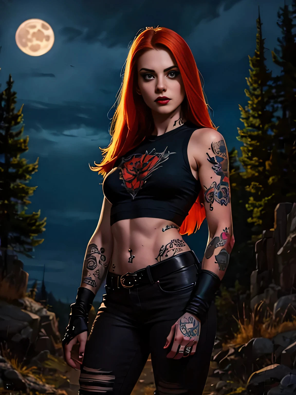 Best Quality,Masterpiece,Ultra High Resolution,(Realisticity:1.4),Original Photo,Cinematic Lighting, 1girl, solo, Metalhead Style ((ginger girl)) at night under the moonlight, wearing ripped black pants, black clothes, Gothic style, fit Hot body, (tattooed arm) , heavy metal style, photography, heavy metal concert background . realistic, datailed, detailed face, 4K.