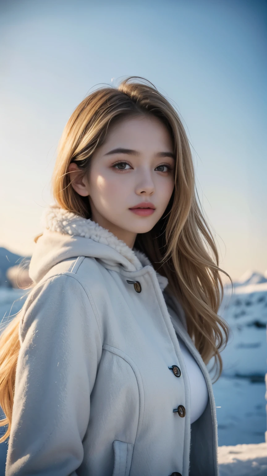 ((best quality, 8 thousand, masterpiece:1.4)), (20 year old woman), ((very small face:1.3)), very detailed 얼굴 및 피부 질감, detailed eyes, (Italian woman), (blonde wavy very long hair:1.3), (photorealistic:1.4), (Best image quality:1.0), (슈퍼 High Resolution A:1.0), 8 thousand, raw photo, (masterpiece:0.2), (pure eros face_v1:0.5)、(best quality Detail:1.2)、realistic、8 thousand UHD、highest resolution、(1 girl:1.2)、very detailed、high quality texture、delicate details、The Details、very detailed CG、high quality shadows、Detail : beautiful and delicate face、Detail : beautiful and delicate eyes、depth of field、ray tracing,1 girl, beautiful skin, Facing the front, sky porn, magic hour, (realistic:1.3), in detail, (realistic:1.1), (best quality), (intricate details), (Eskimo Jacket:1.3), (In the Arctic Igloo), (Transparent Ice), (ridiculously big ,very big breasts:1.3), (Detailed hair), (very small face) (very short and light hair) (beautiful smile), beautiful bridge, slim waist, Only one wool jacket is worn., In front of the igloo with a view of the blue sky, sunlight, ((cowboy shot)),