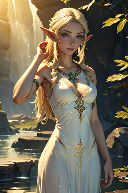 In a magnificent masterpiece captured in the highest quality, a stunningly beautiful elf woman stands in the rain. Her flawless face is drenched, with water splashing from her head to her shoulders. Every water droplet glistens under the movie lighting, enhancing the realistic portrayal of this elf beauty. With her slim body showcased in a white tunic, clinging white tunic on her chest, she embodies the epitome of delicacy and slenderness. The details of her face are incredibly intricate, with fine eyes that captivate the viewer's gaze. Her slanted bangs, flowing blonde hair, pointy ears and radiant skin accentuate her youthful appearance. This 25-year-old idol, reminiscent of a priestess and soaked tunic, no bra