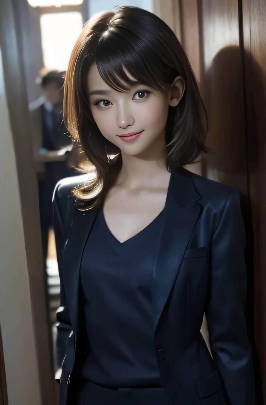 highest quality、shape、 Super detailed、finely、 High resolution、8k wallpaper、perfect dynamic composition shape、17 year old beautiful girl、A neat and mature high school girl、detailed beautiful face、detailed beautiful eyes、rough skin、A faint smile、small breasts、bold sexy pose、((V-neck shirt、medium hair:1.4))、((looking at the viewer、smile))、((chest is visible:1.3))、(((Navy tailored suit:1.3)))