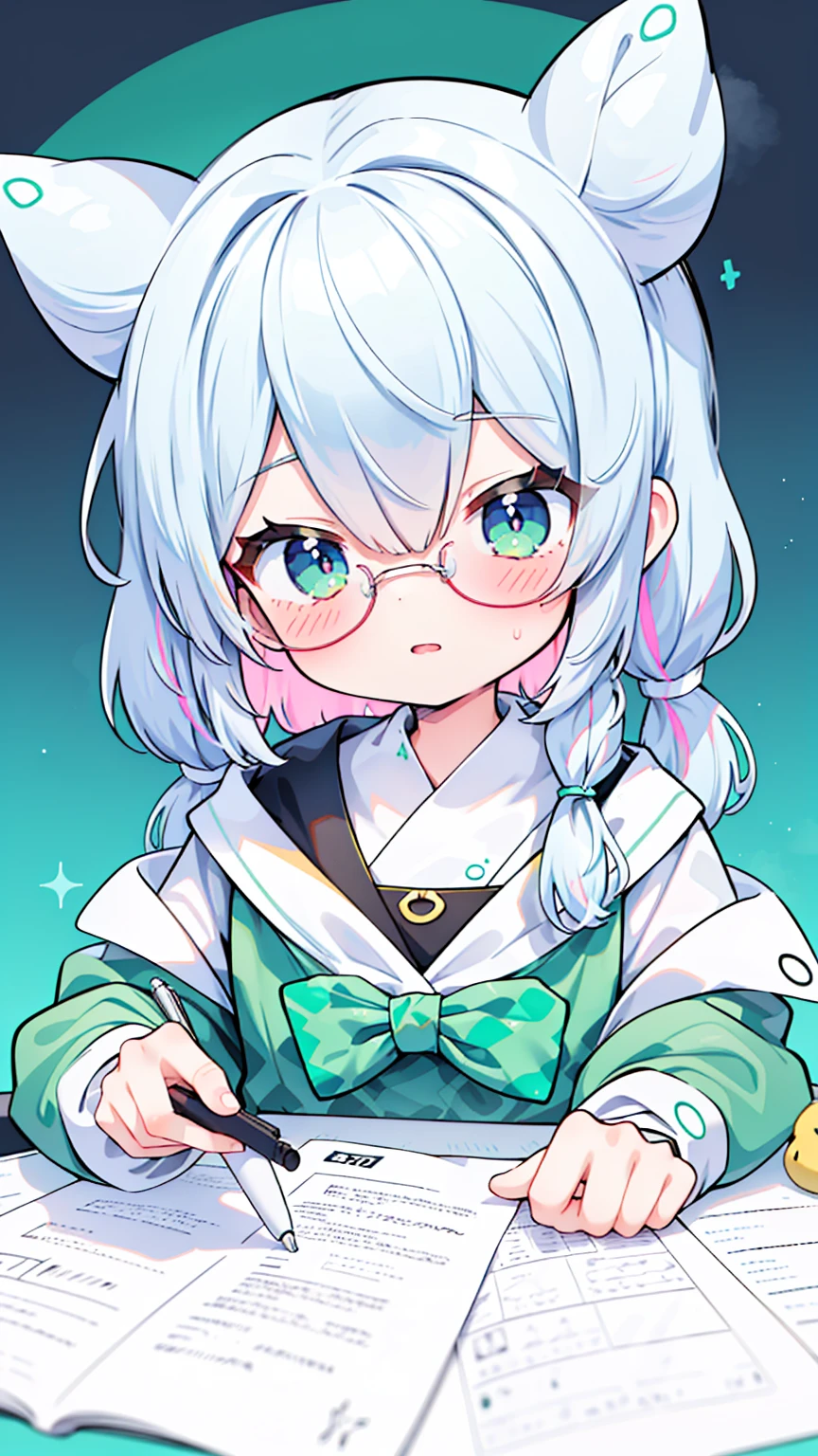 1girl,loli,white hair,(single bun:1.21),hime cut,light green streaked hair,(silver snake eyes),dark green round semi-rimless glasses,[(pink hairclip :0.9):15]],flat color,ink splatter,masterpiece,highly detailed,[(white abstract background):15]

