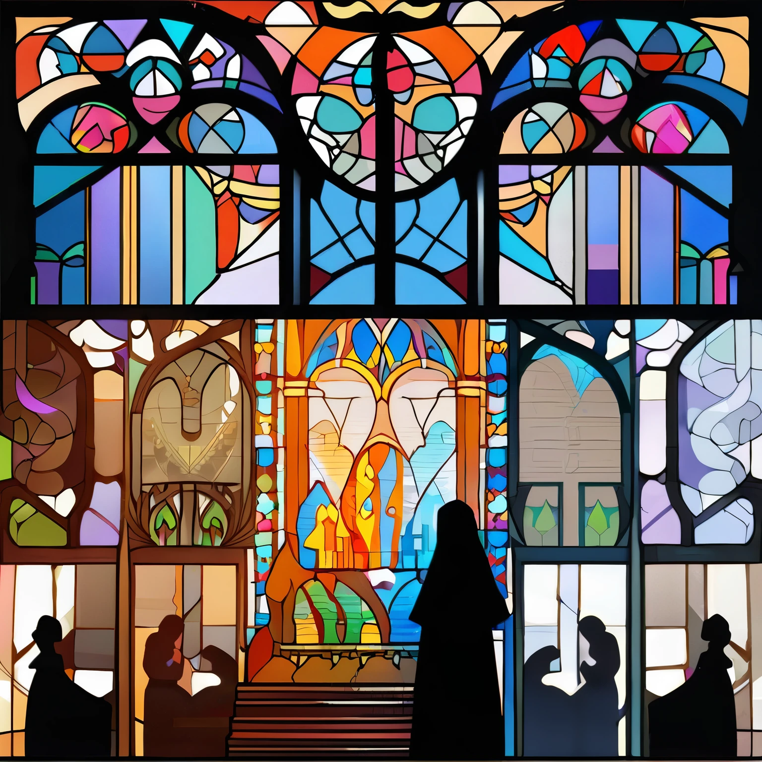 (best quality,8k,highres, masterpiece,ultra-detailed:1.2), (1 nun),A church with intricate and detailed drawings by a professional、Asahi、shining brightly、Intricate stained glass painted by a professional、Pray with Your Hands Folded, (silhouette art,),side view,