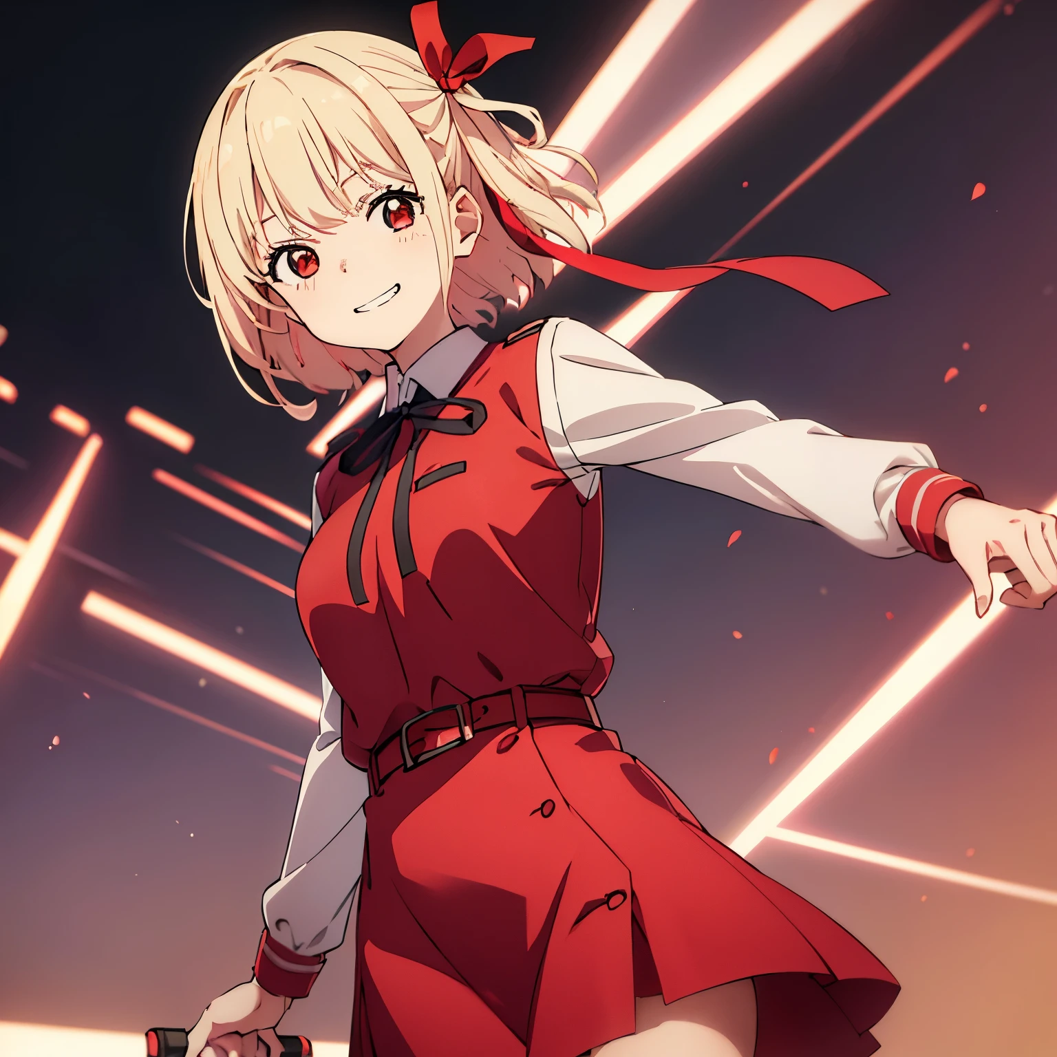 chisato, 1girl, solo, short hair, hair ribbon, breasts, neck ribbon, collared shirt, lycoris uniform, two-tone dress, red dress, grey dress, long sleeves, red belt, face of happiness, smile mouth, (((1girl))),(((Solo))),(((1 person))).