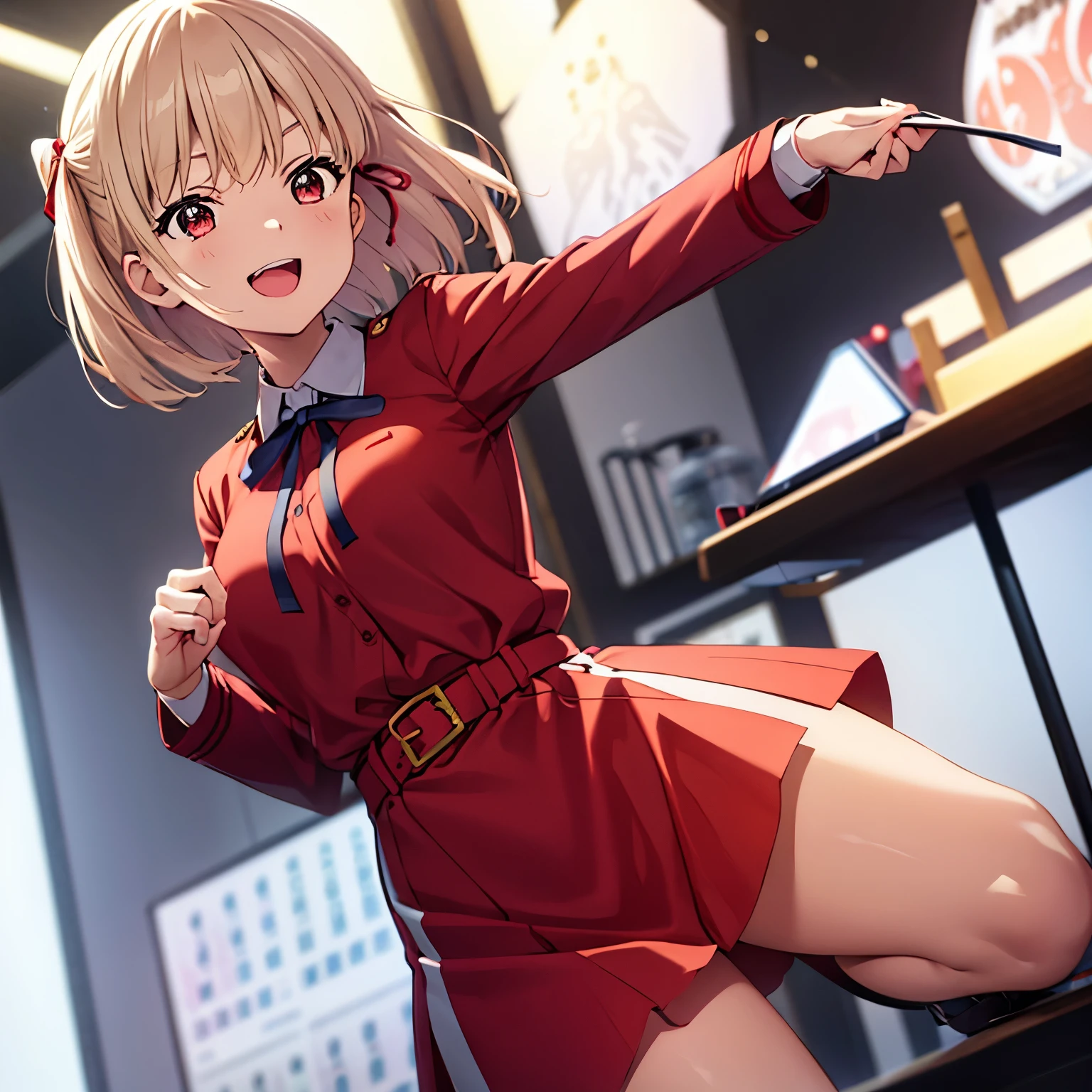 chisato, 1girl, solo, short hair, hair ribbon, breasts, neck ribbon, collared shirt, lycoris uniform, two-tone dress, red dress, grey dress, long sleeves, red belt, face of happiness, smile mouth, (((1girl))),(((Solo))),(((1 person))).