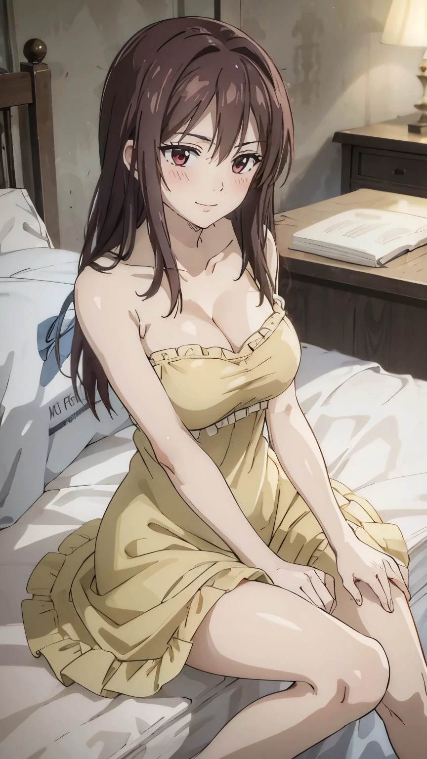 Anime girl in yellow dress sitting on bed with white sheets - SeaArt AI