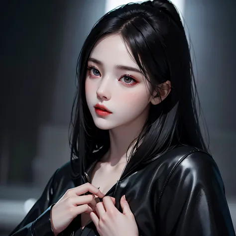 Beautiful girl with realistic black eyes, pale skin, medium length black hair, perfect face, perfect eyes, wearing a coat, very ...