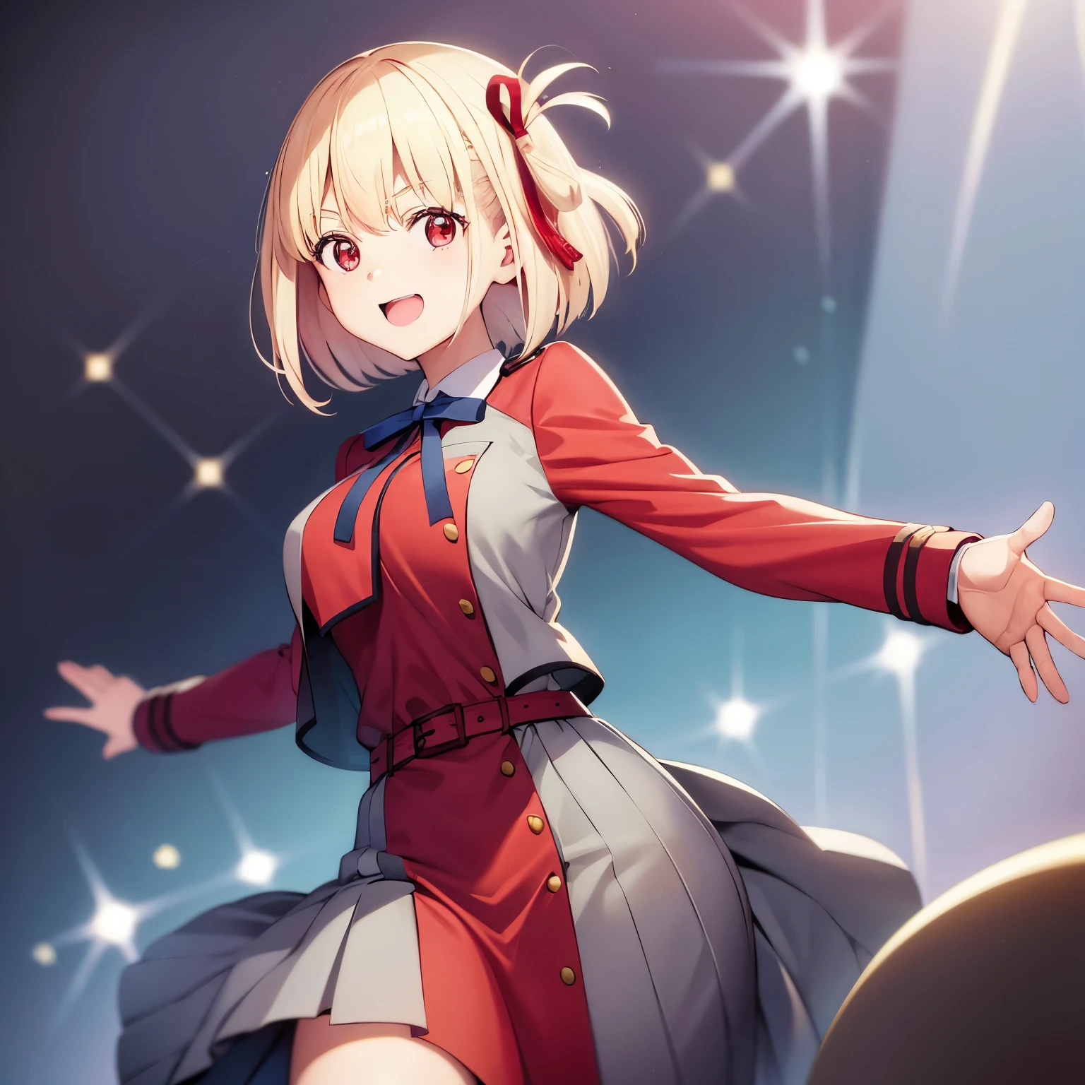 chisato, 1girl, solo, short hair, hair ribbon, breasts, neck ribbon, collared shirt, lycoris uniform, two-tone dress, red dress, grey dress, long sleeves, red belt, face of happiness, smile mouth, (((1girl))),(((Solo))),(((1 person))).