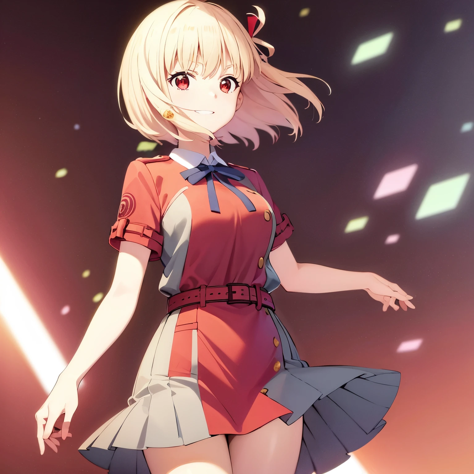 chisato, 1girl, solo, short hair, hair ribbon, breasts, neck ribbon, collared shirt, lycoris uniform, two-tone dress, red dress, grey dress, long sleeves, red belt, face of happiness, smile mouth, (((1girl))),(((Solo))),(((1 person))).