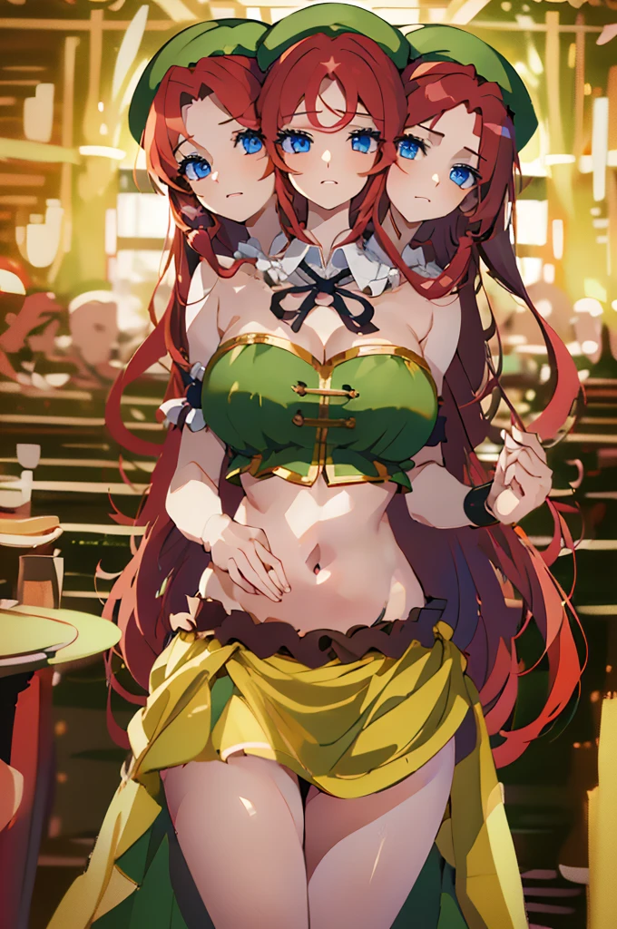 (masterpiece, best quality),best quality, (ultra-detailed), (3heads:1.5), 1girl, (ultra-detailed), (3heads:1.5), 1girl, (hong meiling:1.3), masterpiece, (best quality:1.5, highres, UHD), highres, absurdo, ultra detail, ultra quality, Ultra resolution, green top, crop top, ((stomach)), midriff, ((groin)), green skirt, miniskirt, normal ears, shackles, red hair, very long hair, wavy hair, sidelocks, blue eyes, parted lips, midriff, sweat, cute, toned belly, hand on own chest, eyelashes, (24 year old woman:1.3), (masterpiece:1.5), (best quality:1.5), (beautiful detailed), extremely detailed CG, extremely delicate and beautiful, depth of field, (finely detailed face), (perfect details:1.2), (mature female:1.3), wide pelvis, slender, large veiny breast, 16k resolution, high quality, high definition, extremely detailed, masterpiece, red hair, long hair, alluring presence, twin braid, short skirt, close up, big , young, striped, green beret, hair ornament, chinese clothes, star hat ornament, open belly, nsfw, redhead, 