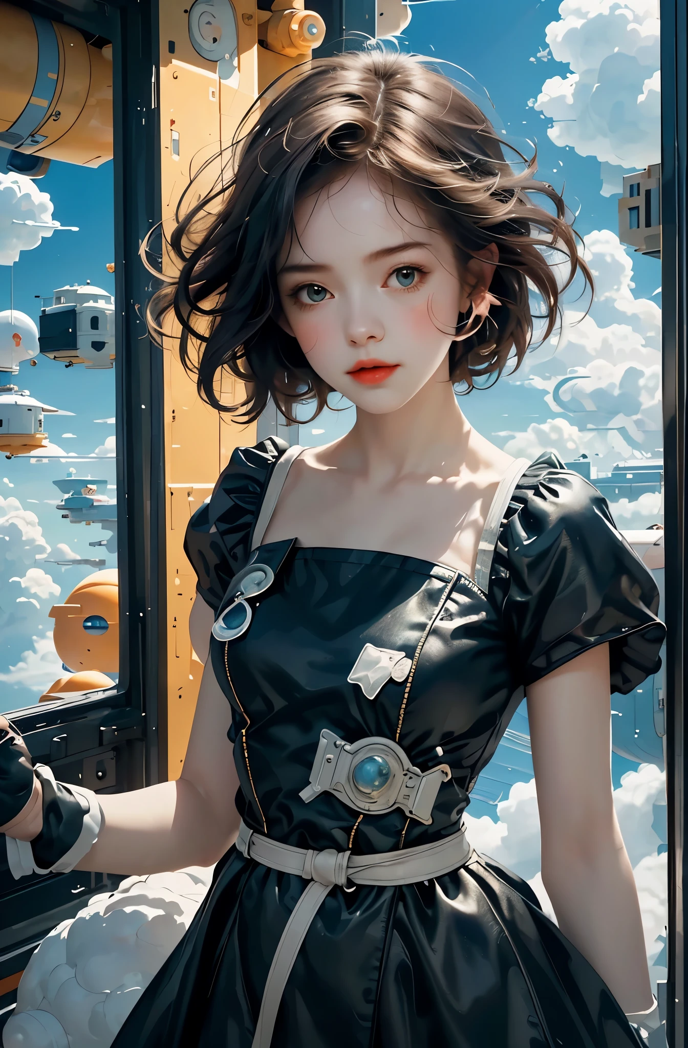 傑作, 最好的品質, 電影劇照, 1個女孩, 漂浮在天空中, 雲 girl, 雲, (特寫:1.1), 明亮的, 快樂的, 樂趣, 柔和的燈光, (包浩斯, 形狀, 線, 抽象的:1.1)